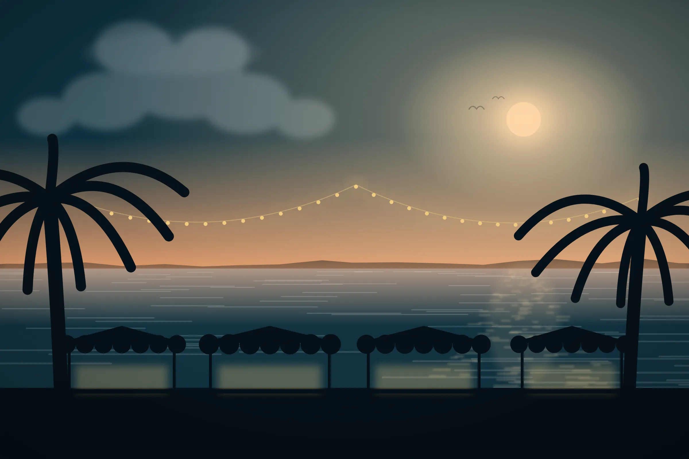 Illustration of a lit market street beside the water in Cape Coral